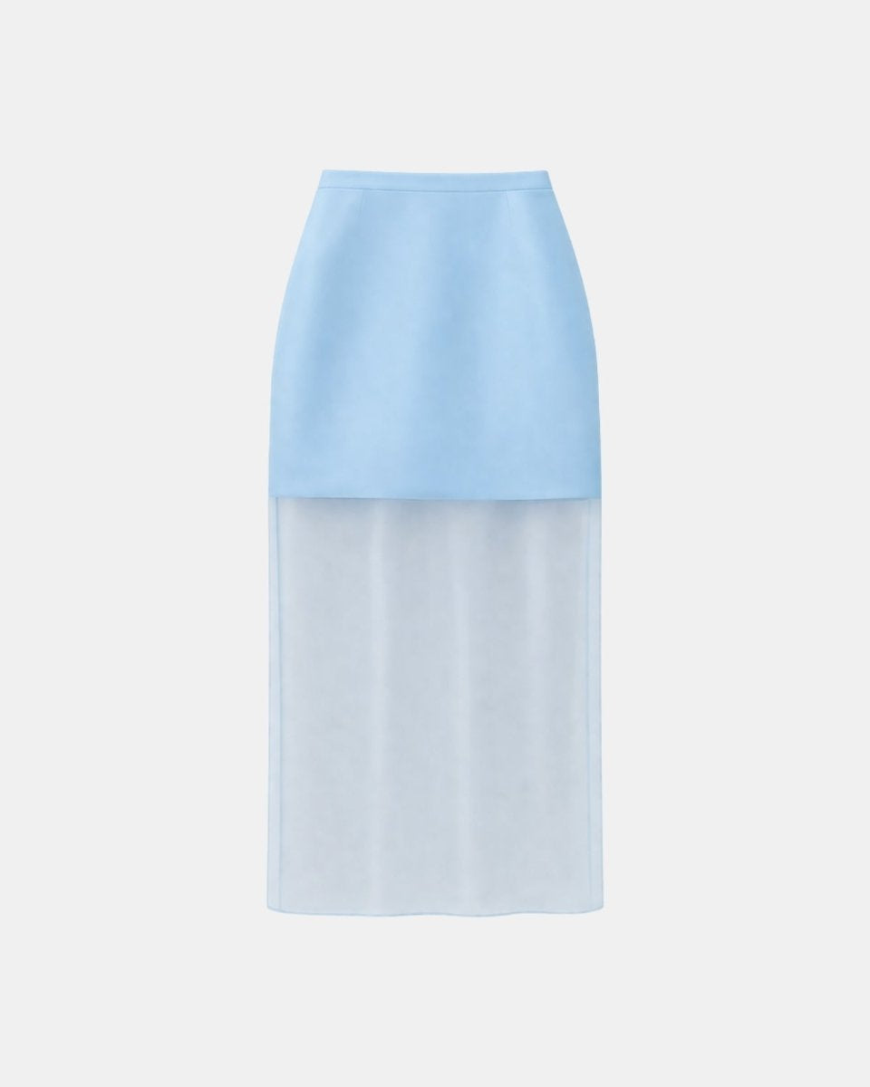 Flat lay front view of the light blue mixed media skirt showcasing the solid structured mini upper and unlined translucent maxi bottom.