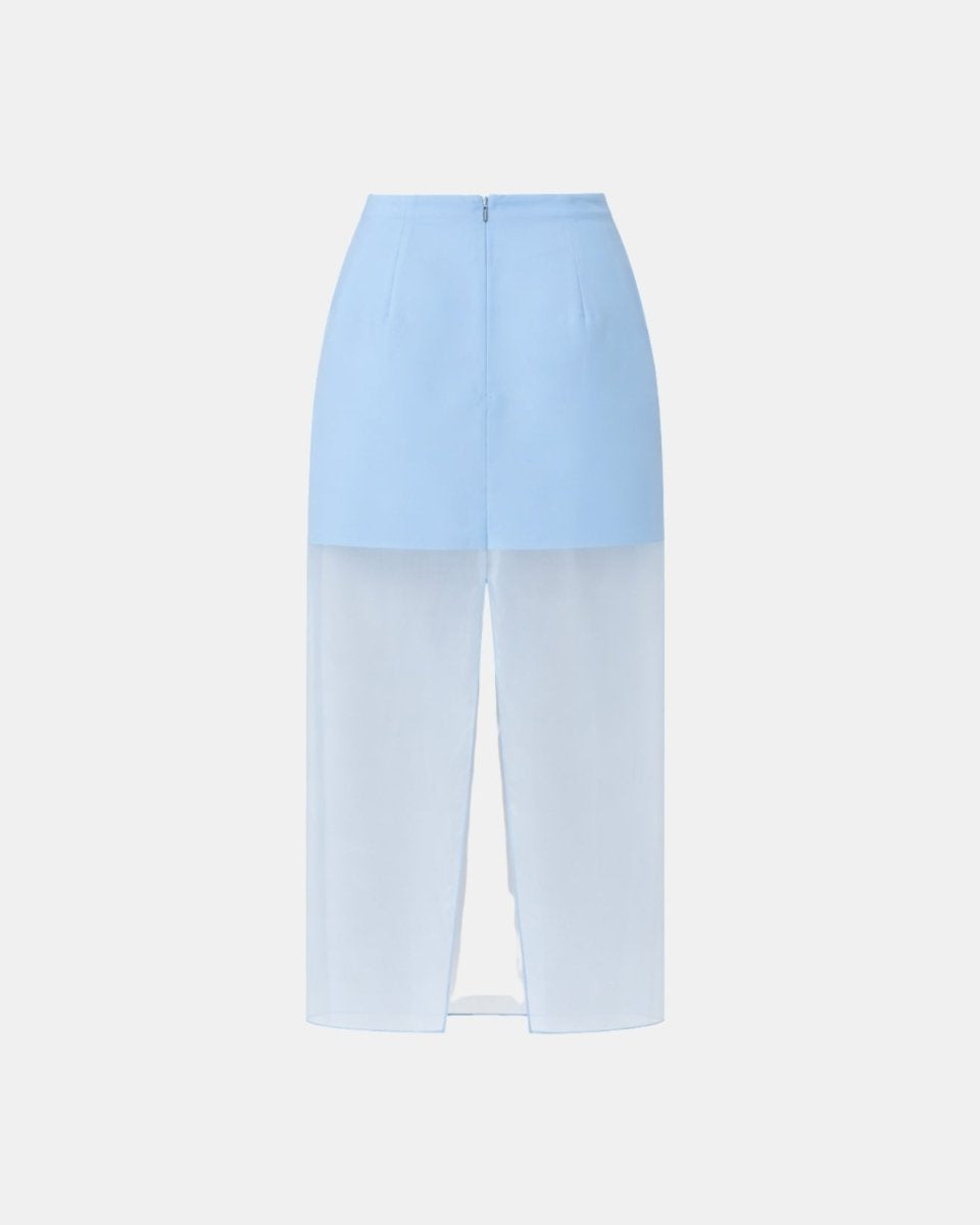 Flat lay back view of the light blue luxury skirt showing the center back seam, hidden zip closure, and elegant split hem on the sheer fabric.