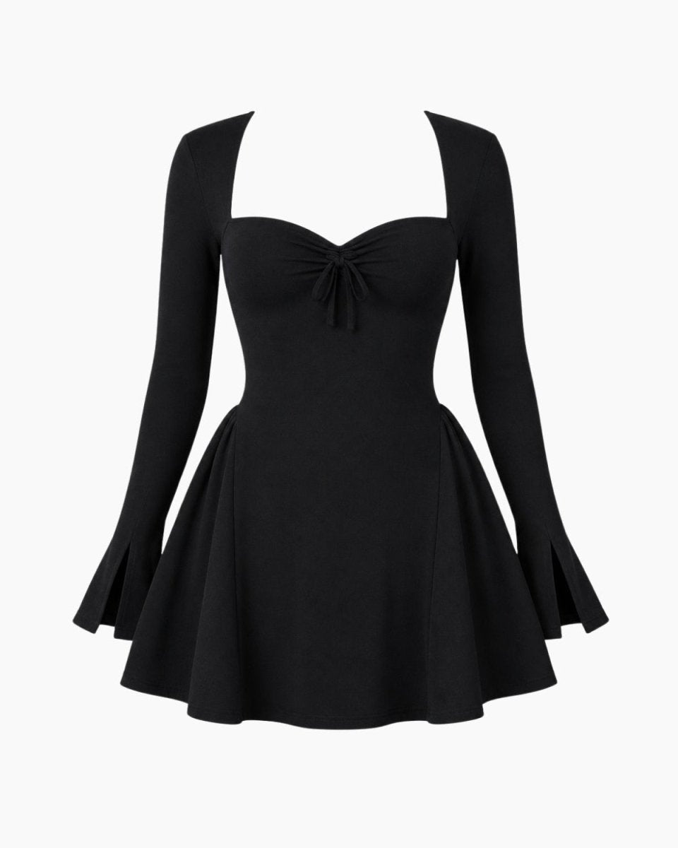 A black long-sleeve skater dress with a sweetheart neckline, gathered bust, and flared skirt with bell sleeves, shown on a plain white background.