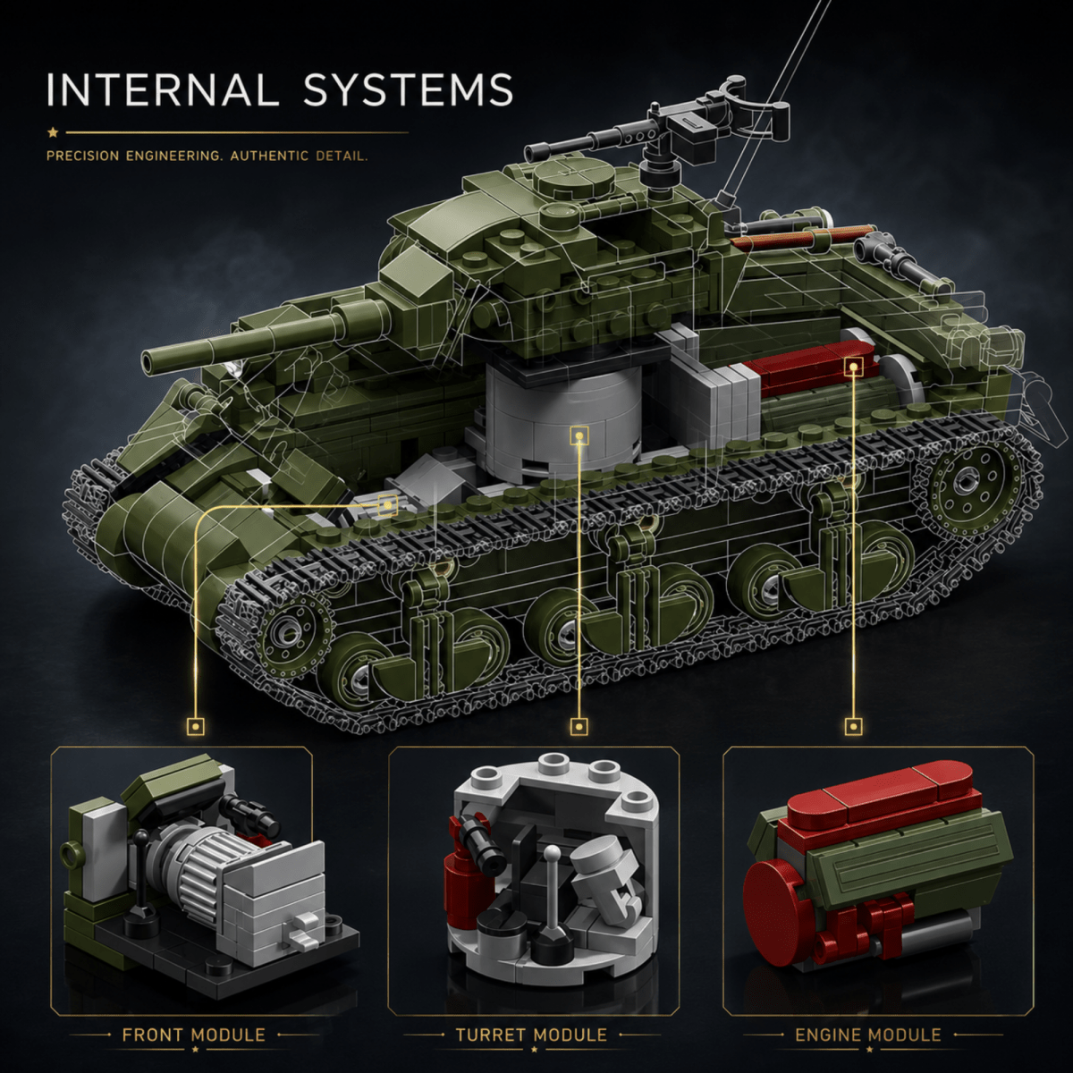 An educational toy model of an internal systems tank, showing a detailed 3D view of the vehicle with labeled callouts for front module, turret module, and engine module, on a dark textured background.