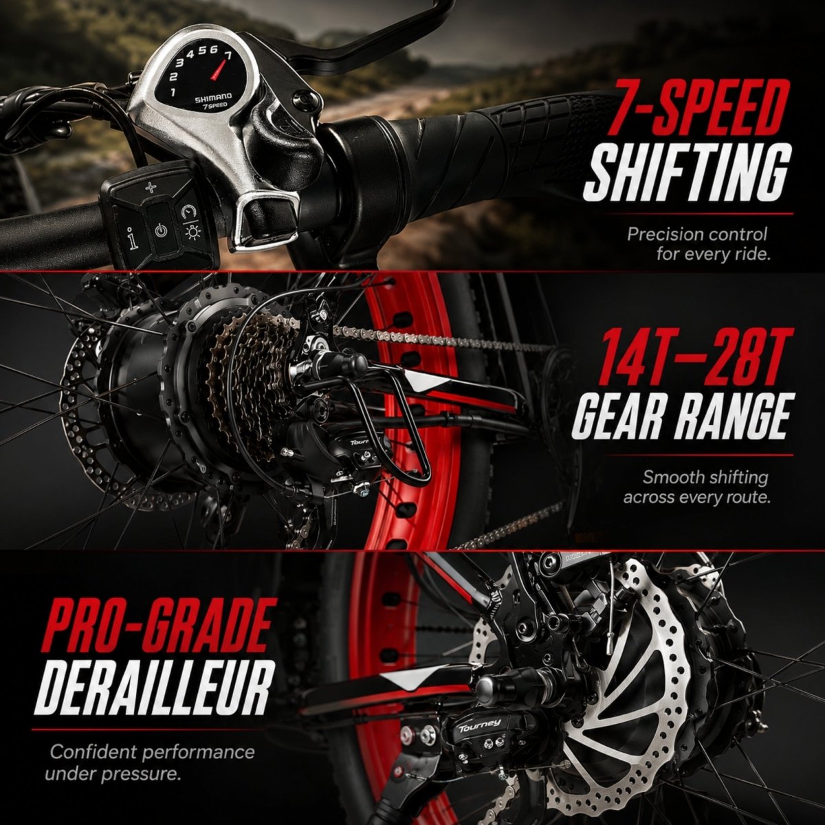 Close-up details of the Shimano 7-speed shifting controller, the 14T-28T gear cassette range, and the pro-grade Tourney rear derailleur with disc brakes.