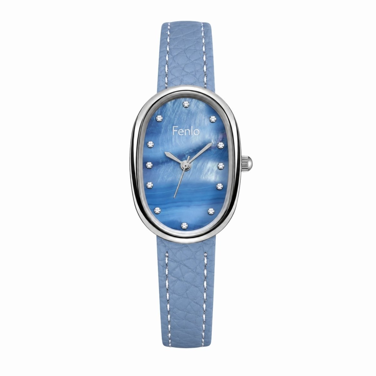 A women's oval wristwatch by Fenlo featuring a textured light blue leather strap and a blue mother-of-pearl dial with crystal hour markers, shown against a plain white background.