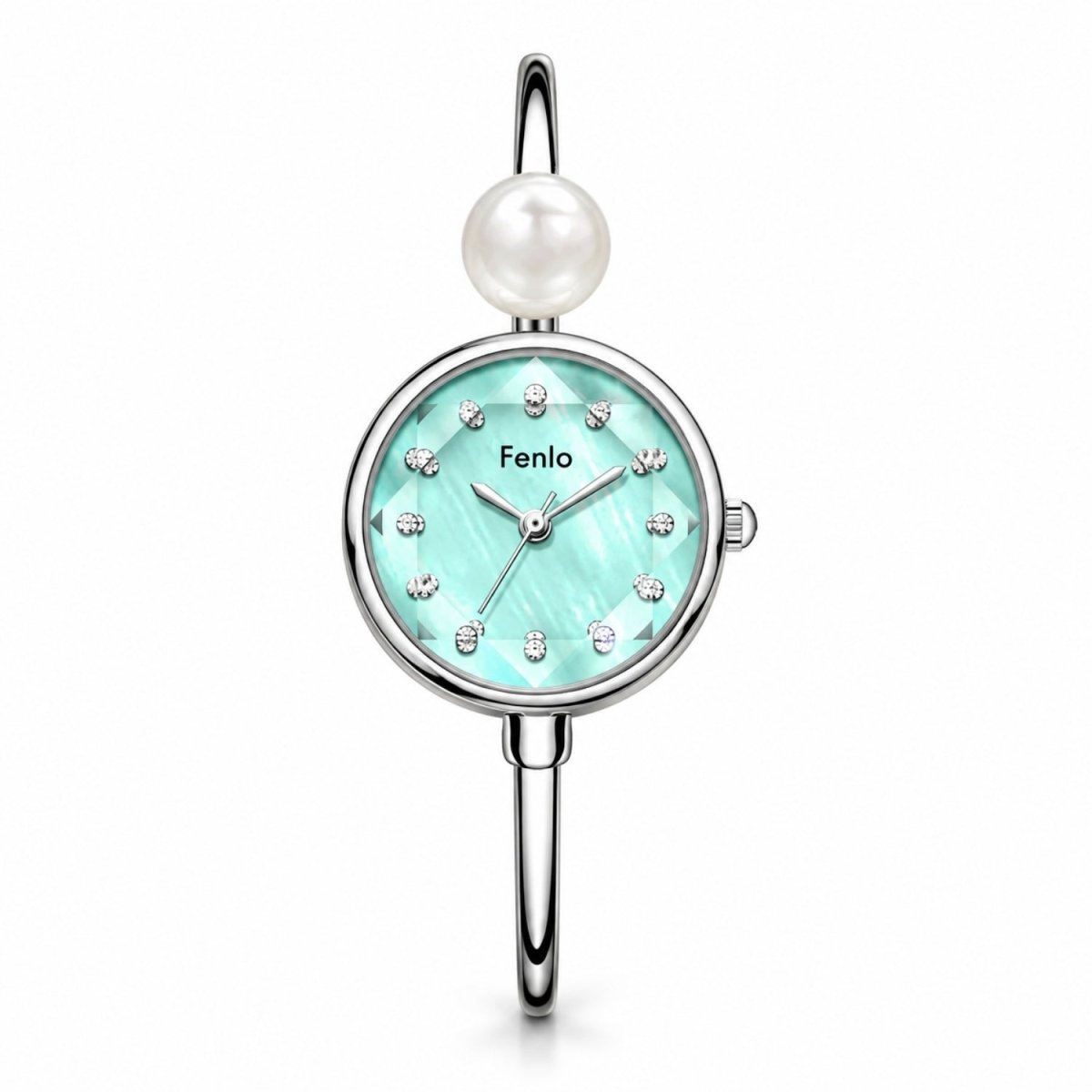 A women's bangle watch by Fenlo featuring a round silver-tone case, a light aqua mother-of-pearl dial with crystal hour markers, a white pearl at the top, and a polished silver-tone band.