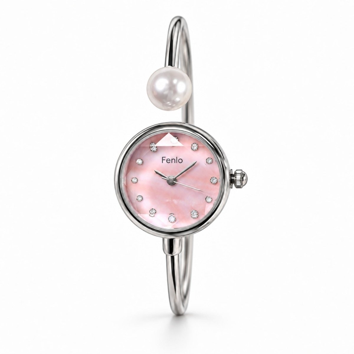 A silver-tone bangle watch by Fenlo with a pink mother-of-pearl dial, crystal hour markers, a white pearl accent, and a slim silver bracelet, shown on a clean white background.