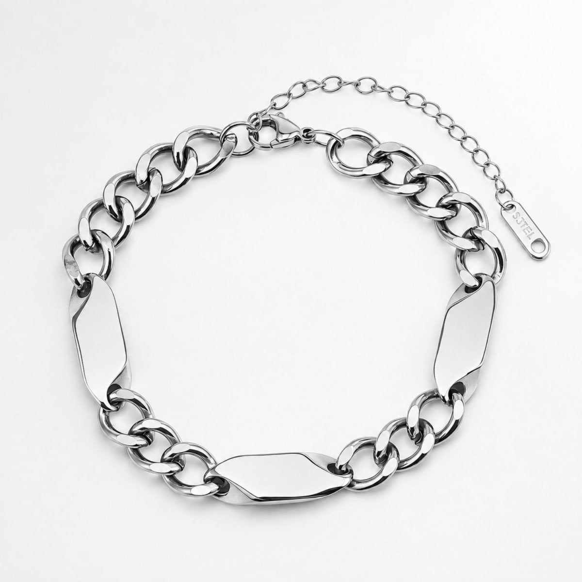High polish silver stainless steel chunky link bracelet featuring elongated geometric plaques