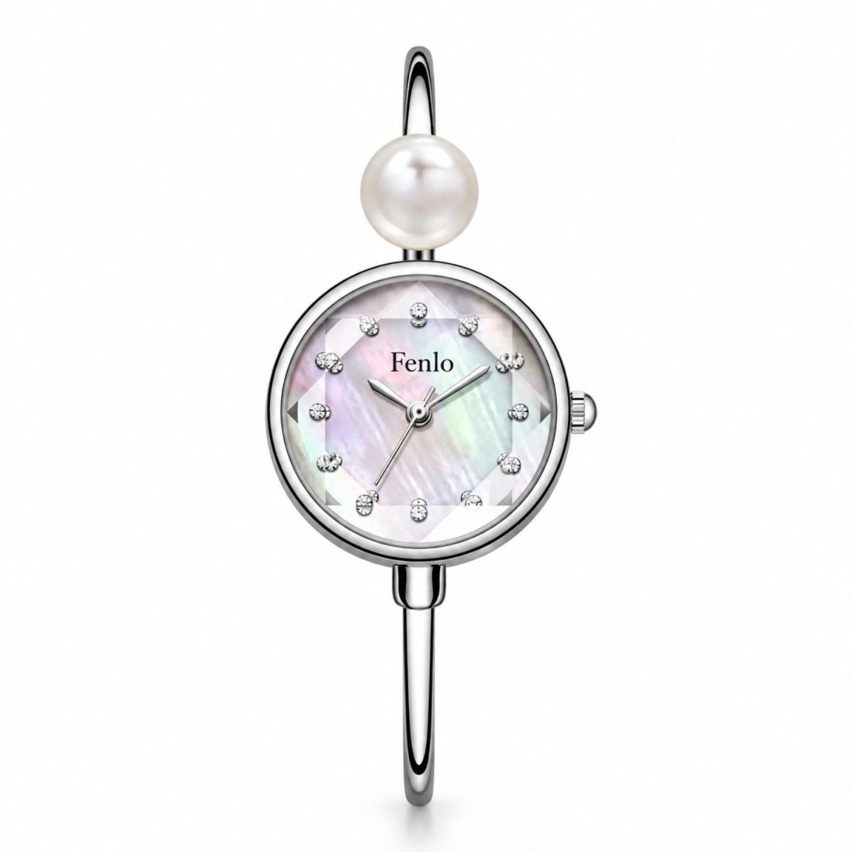 A silver-toned bangle watch with a round mother-of-pearl dial, crystal hour markers, a single pearl bead at the top, and the brand name 'Fenlo' printed on the dial, shown against a plain white background.