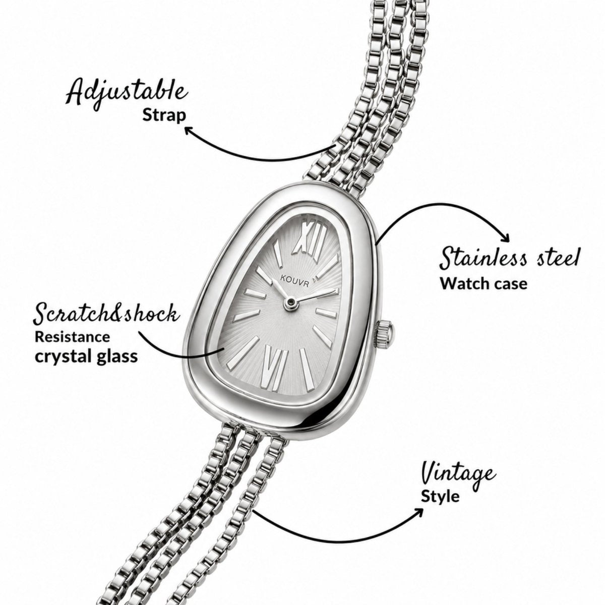 Product feature breakdown for the Kouvr silver women's watch showing the scratch resistant glass, stainless steel case, and adjustable vintage strap.