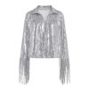 Kouvr Stardust silver sequin fringe jacket for women | Western tinsel jacket for bachelorette and concert