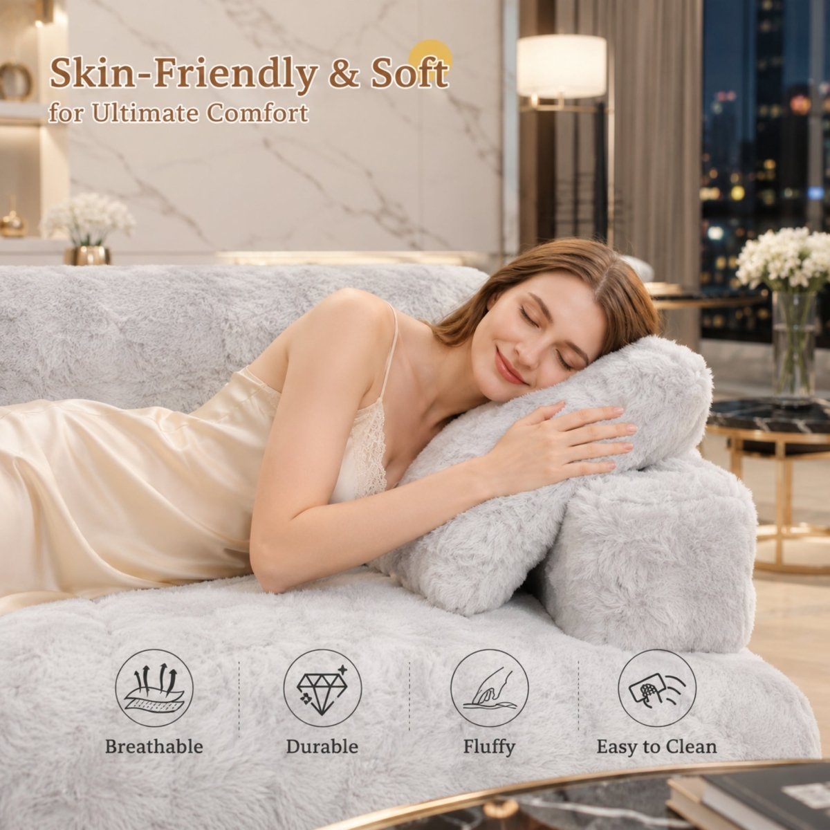 Woman sleeping peacefully on the skin-friendly, breathable and durable fluffy faux fur sofa surface highlighting ultimate comfort