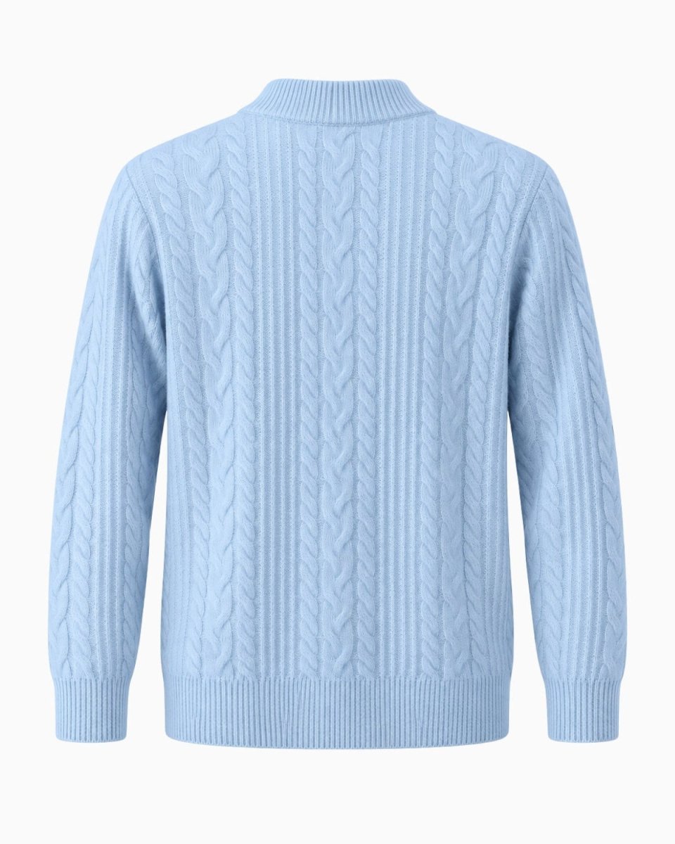 A sky blue cable-knit sweater shown from the back, featuring a mock neck, ribbed collar, cuffs, and hem, set against a plain white background.
