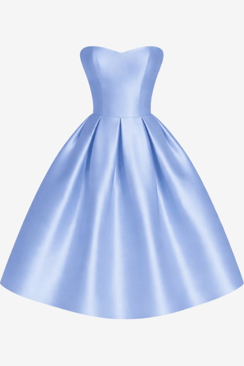 Sky blue strapless sweetheart A-line satin formal dress front view product shot on white background