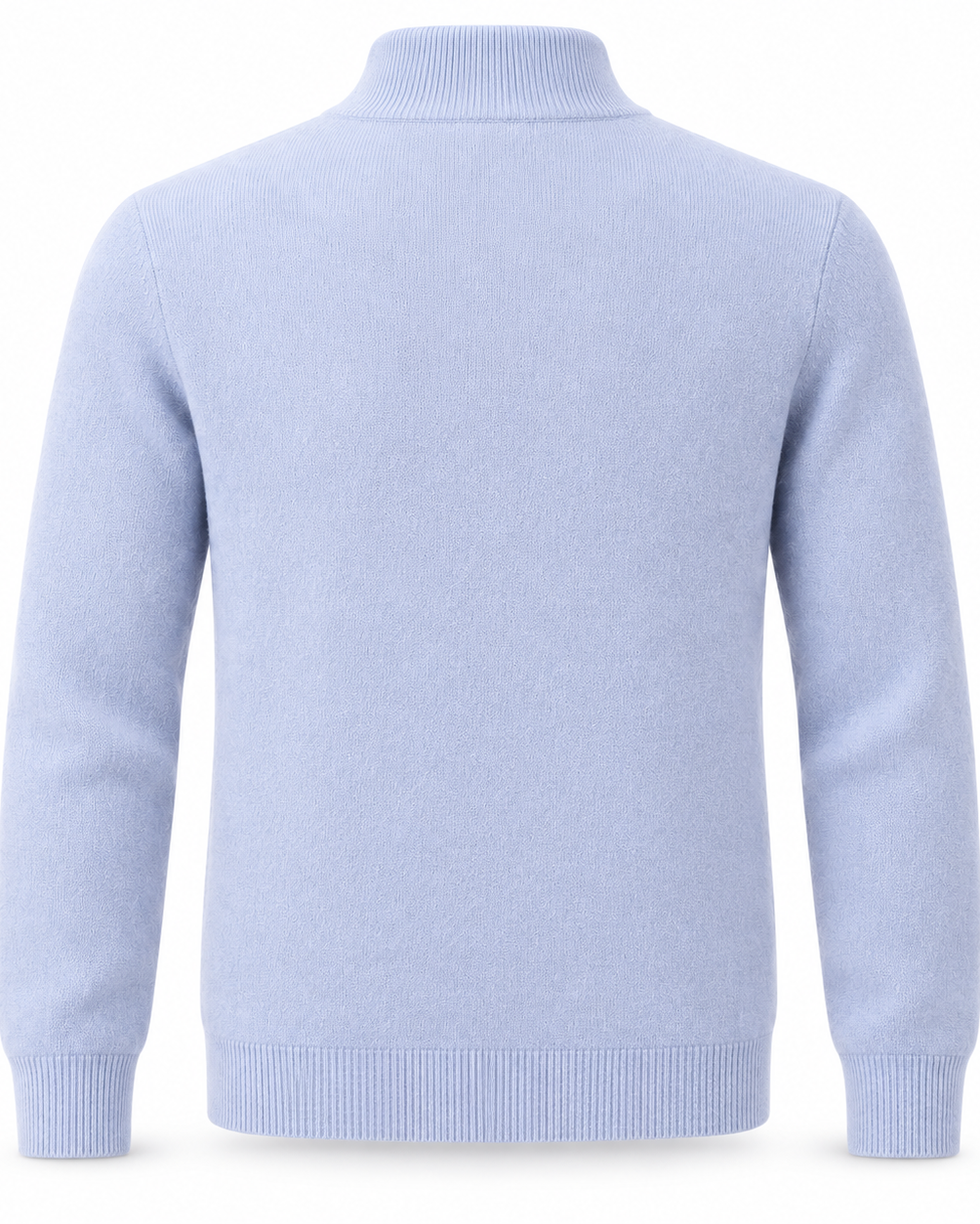 A sky blue knit sweater with a mock neck, long sleeves, and ribbed cuffs and hem, shown from the back on a white background.
