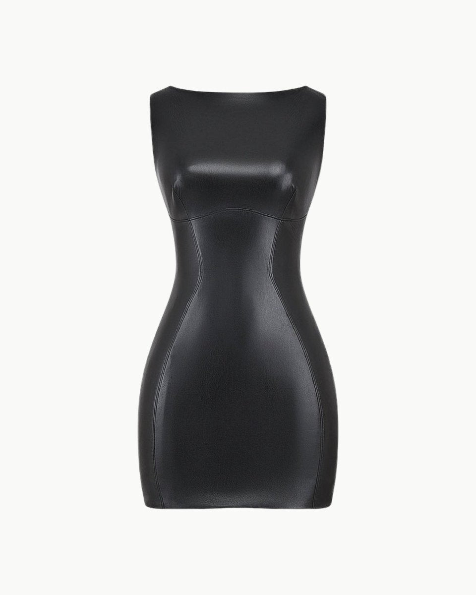 Front view of the black faux leather dress on a white background, detailing the princess seams and texture.