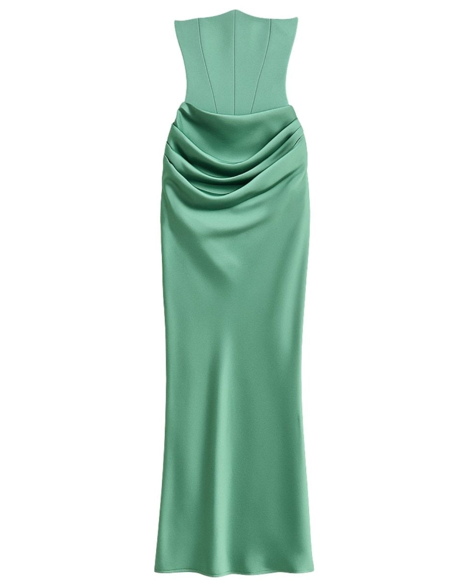 Sage green evening gown on a white background