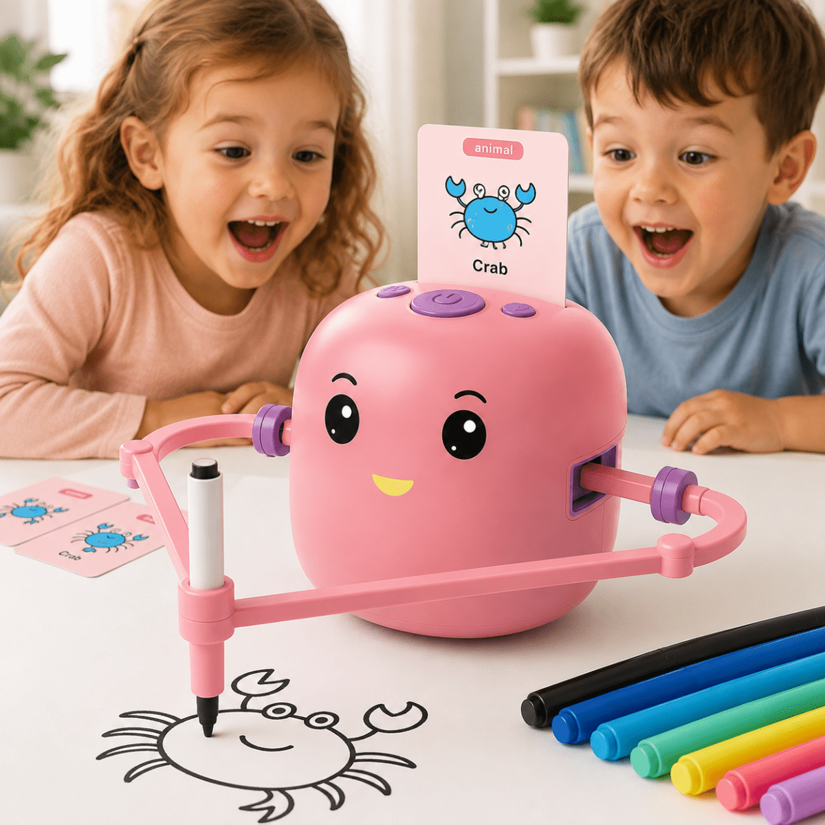A pink robotic drawing toy with a cartoon face sits on a white table, holding a black marker. Two children are smiling and looking at the toy, with colorful drawing cards and markers nearby.