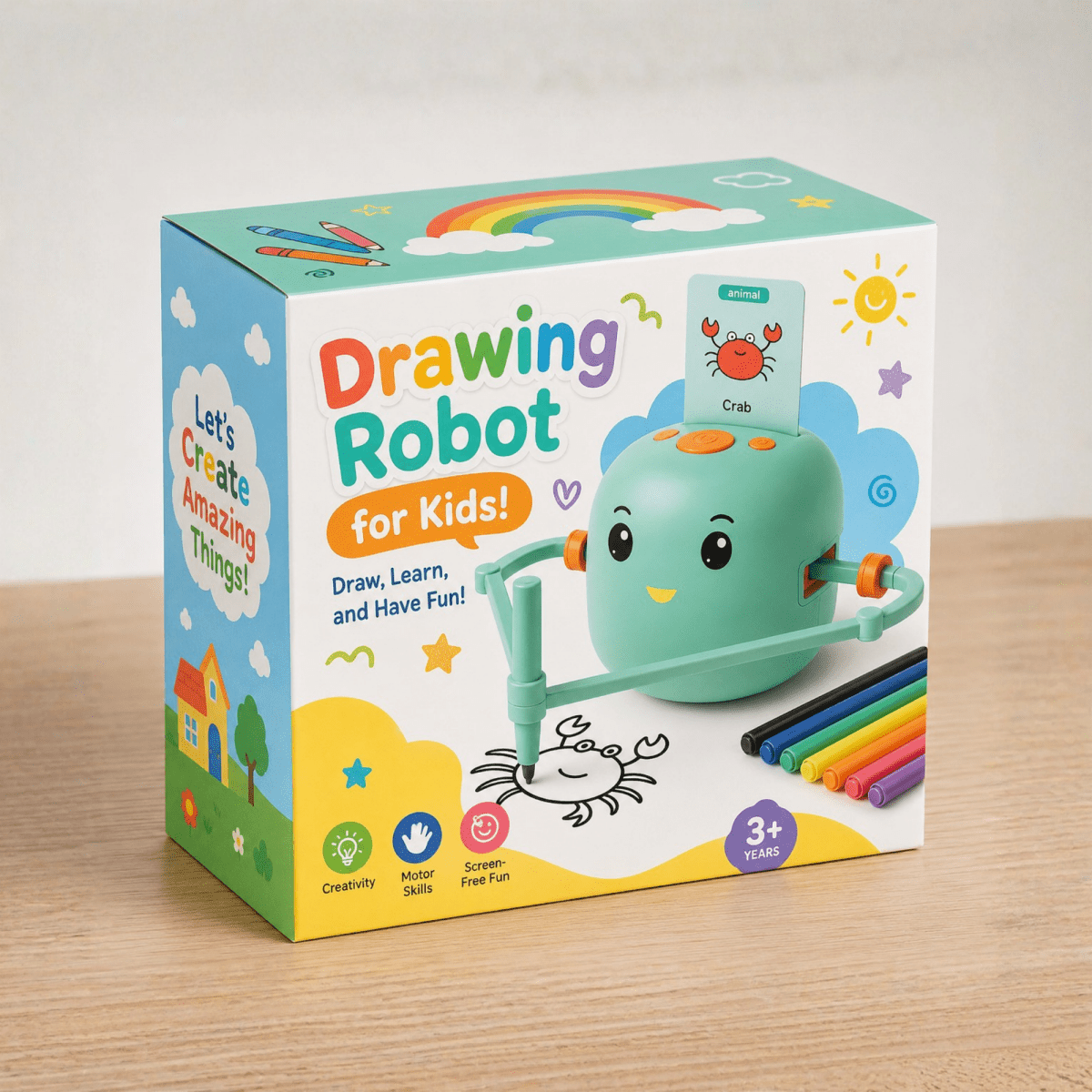 A boxed children's drawing robot toy set on a light wood surface against a soft beige background. The box is predominantly white and light blue with colorful graphics, including a rainbow, sun, house, and icons for creativity, motor skills, screen time, and age 3+.