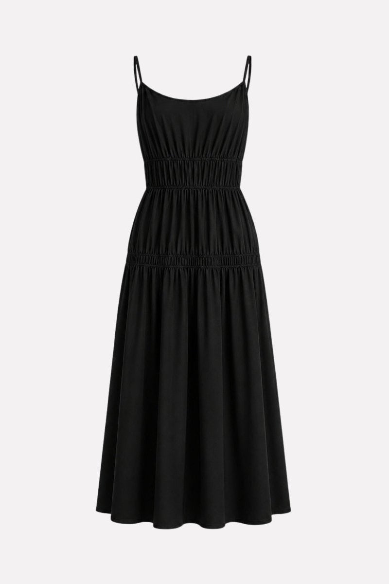 Ghost mannequin front view of black smocked bodice sleeveless summer dress