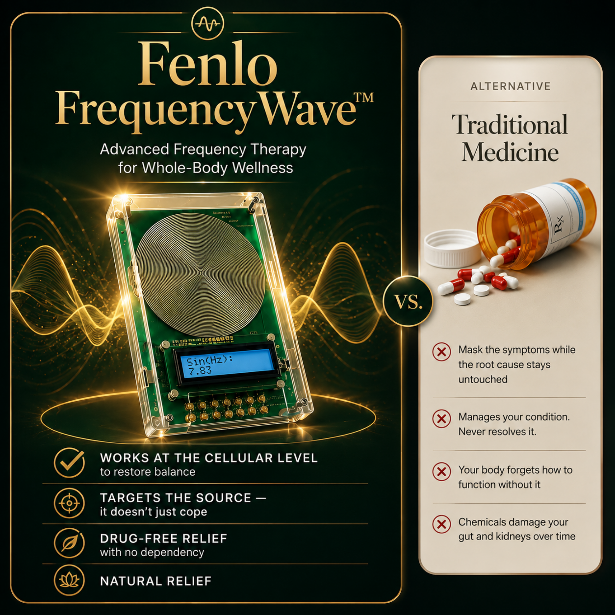 Promotional graphic for the Fenlo FrequencyWave device, showing a green and gold electronic wellness device on a dark gold background with glowing wave graphics. A side panel compares it to traditional medicine with text and pill bottle imagery.