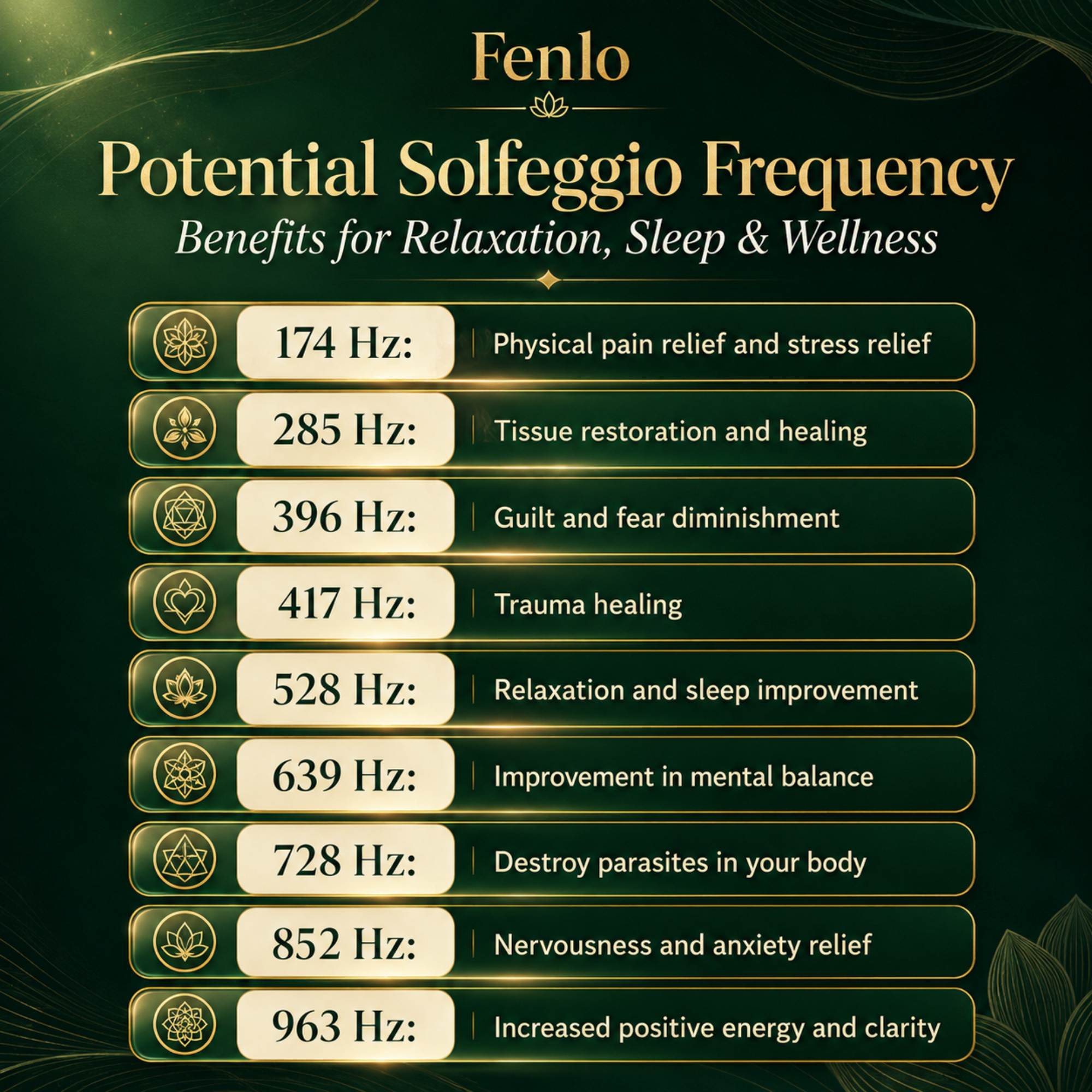 An informational graphic titled 'Fenlo Potential Solfeggio Frequency Benefits for Relaxation, Sleep & Wellness' on a dark green background. It lists nine solfeggio frequencies from 174 Hz to 963 Hz with corresponding wellness benefits, each shown in a gold-outlined box with a small symbol.