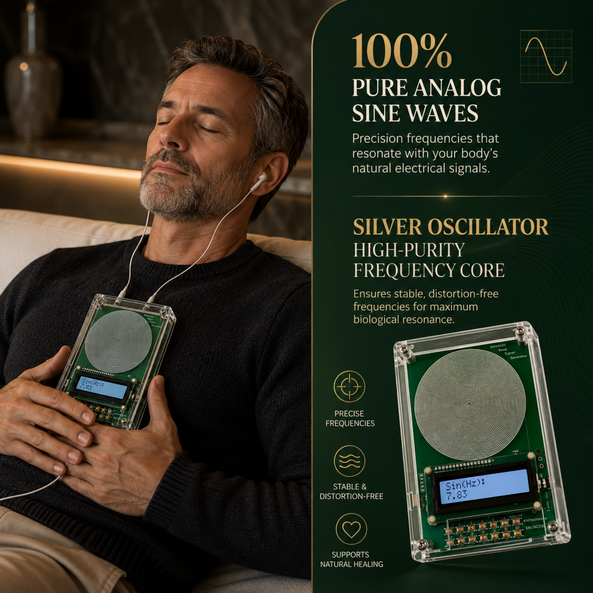 A man lies on a couch holding a transparent-cased electronic device with a circular silver surface and small blue display, while the right side of the image contains marketing text about pure analog sine waves and a silver oscillator frequency core.