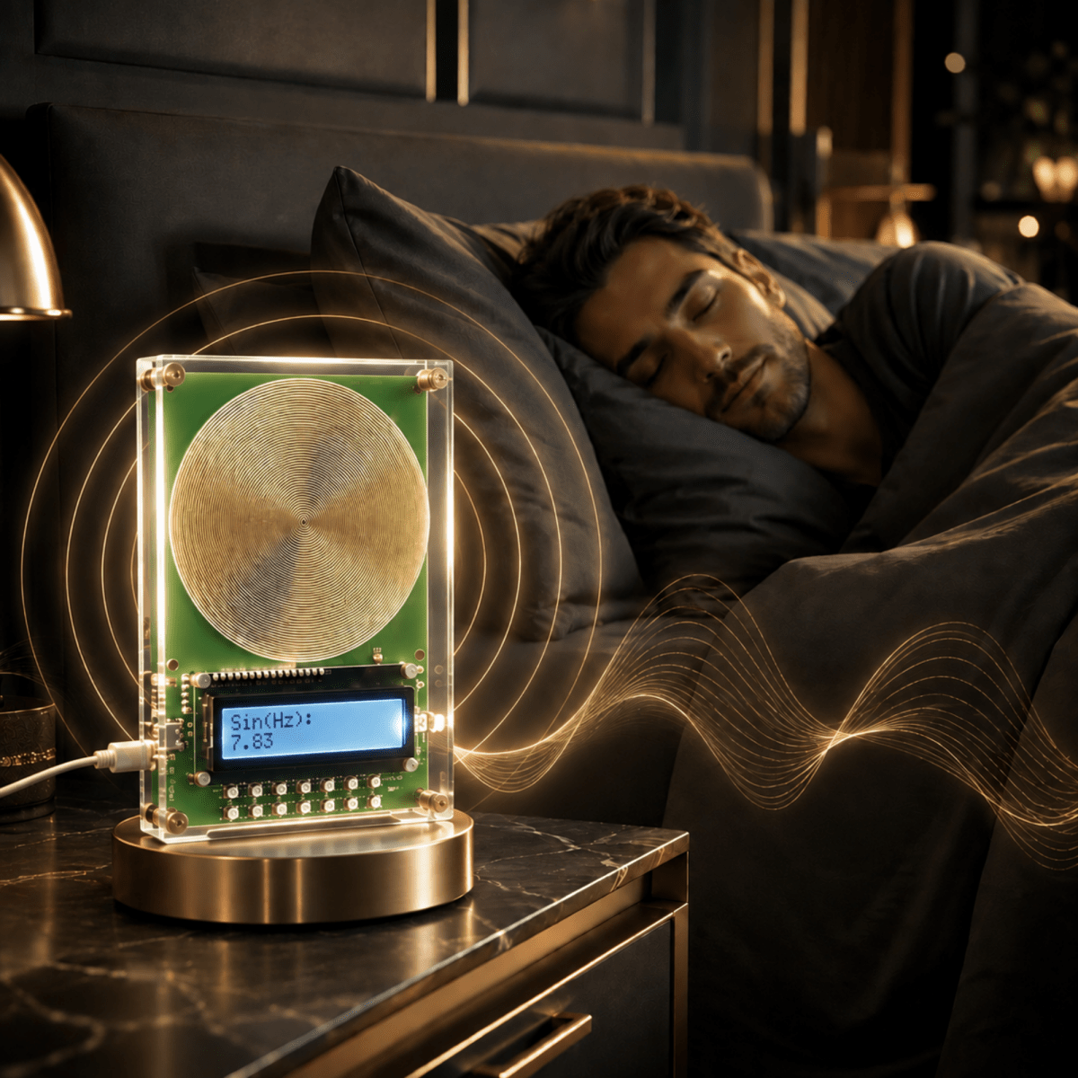 A sleep sound machine on a bedside table next to a sleeping man in bed. The device has a clear acrylic body, a gold-toned base, a green circuit board, and a small blue LCD screen displaying 'SleepMachine' and '2:58'.