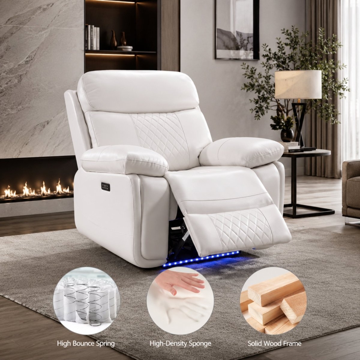 Detailed view of high bounce spring high density sponge and solid wood frame construction inside the white recliner chair