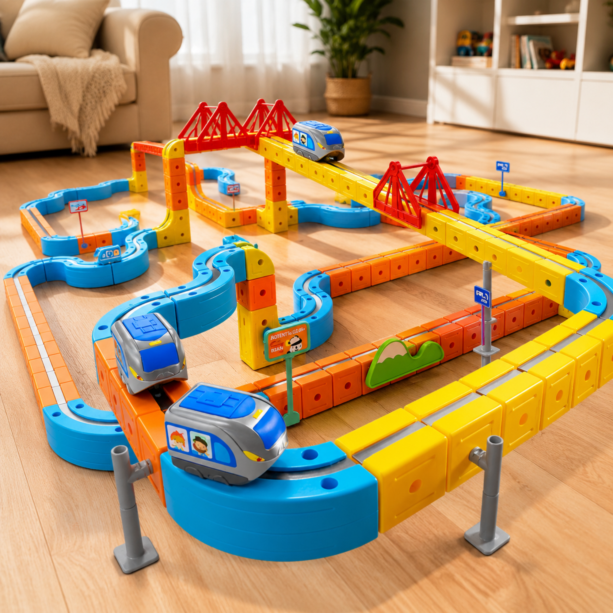 A colorful toy train track set arranged on a wooden floor in a living room. The set includes curved tracks, orange and yellow blocks, red bridge structures, small signs, and several blue and gray toy trains.