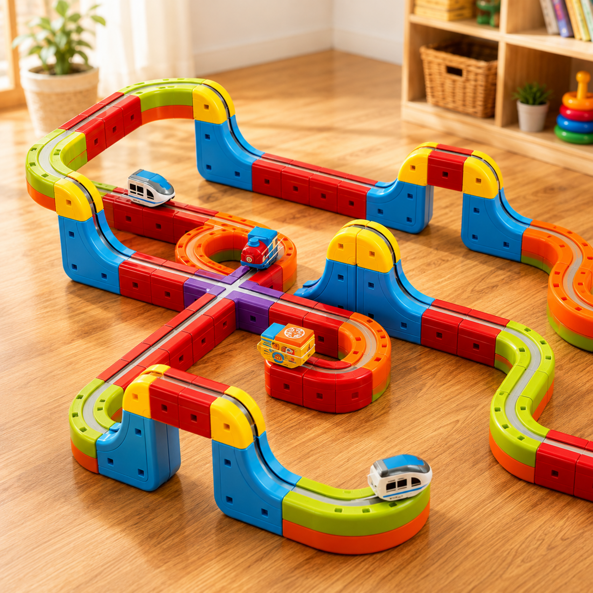 A colorful magnetic toy train track set with multiple curved tracks, loops, and crossover points, shown with small toy trains on a wooden floor in a child's room.