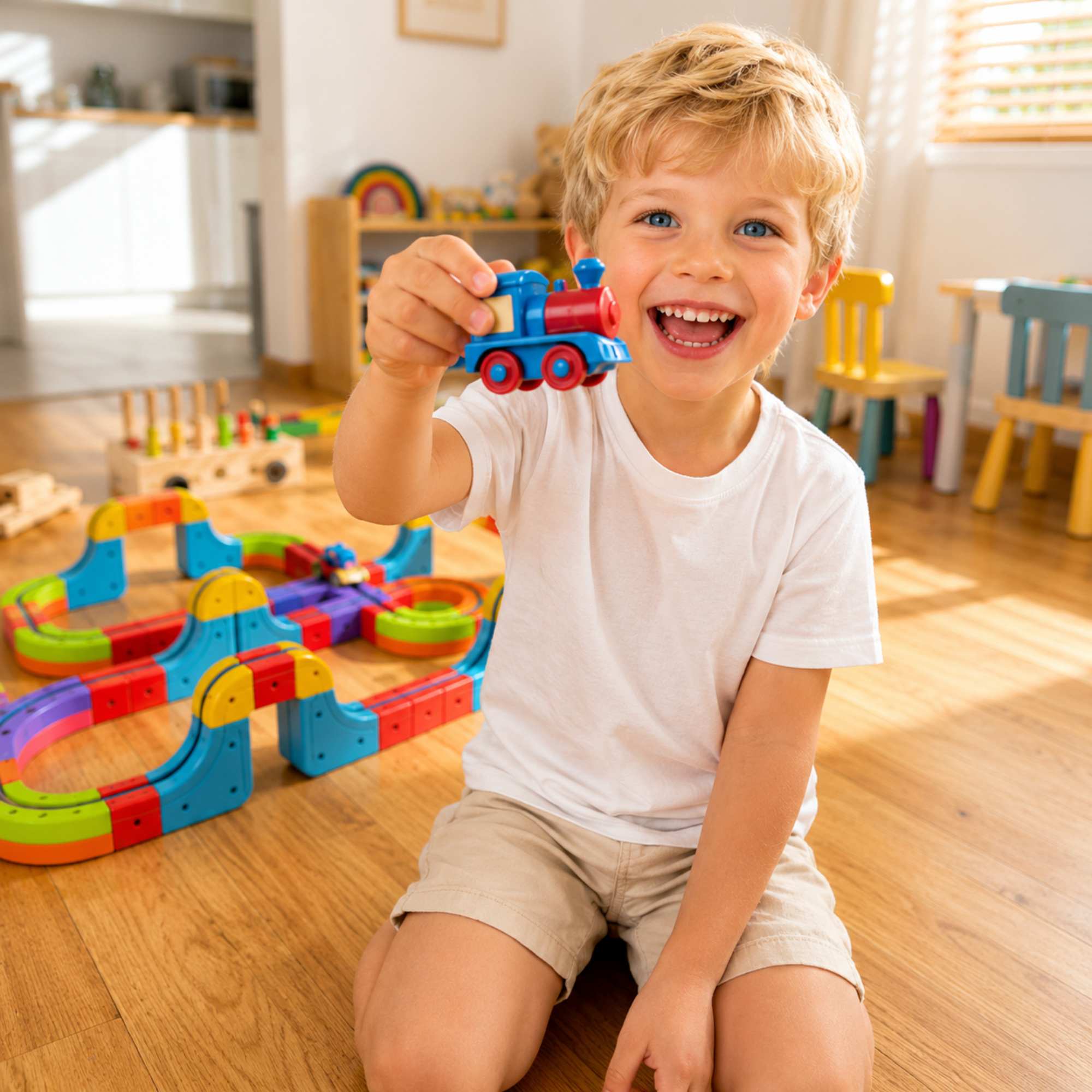 A young blonde boy in a white t-shirt and khaki shorts sits on a wooden floor in a bright playroom, smiling and holding up a small blue and red toy train. Colorful plastic toy tracks are scattered around him.