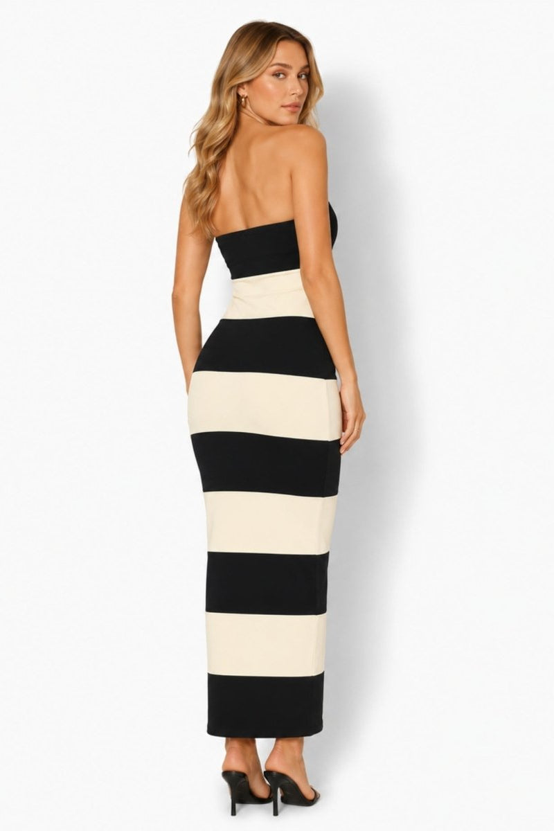 Back view of the strapless horizontal stripe tube maxi dress emphasizing the elegant curve-hugging design.