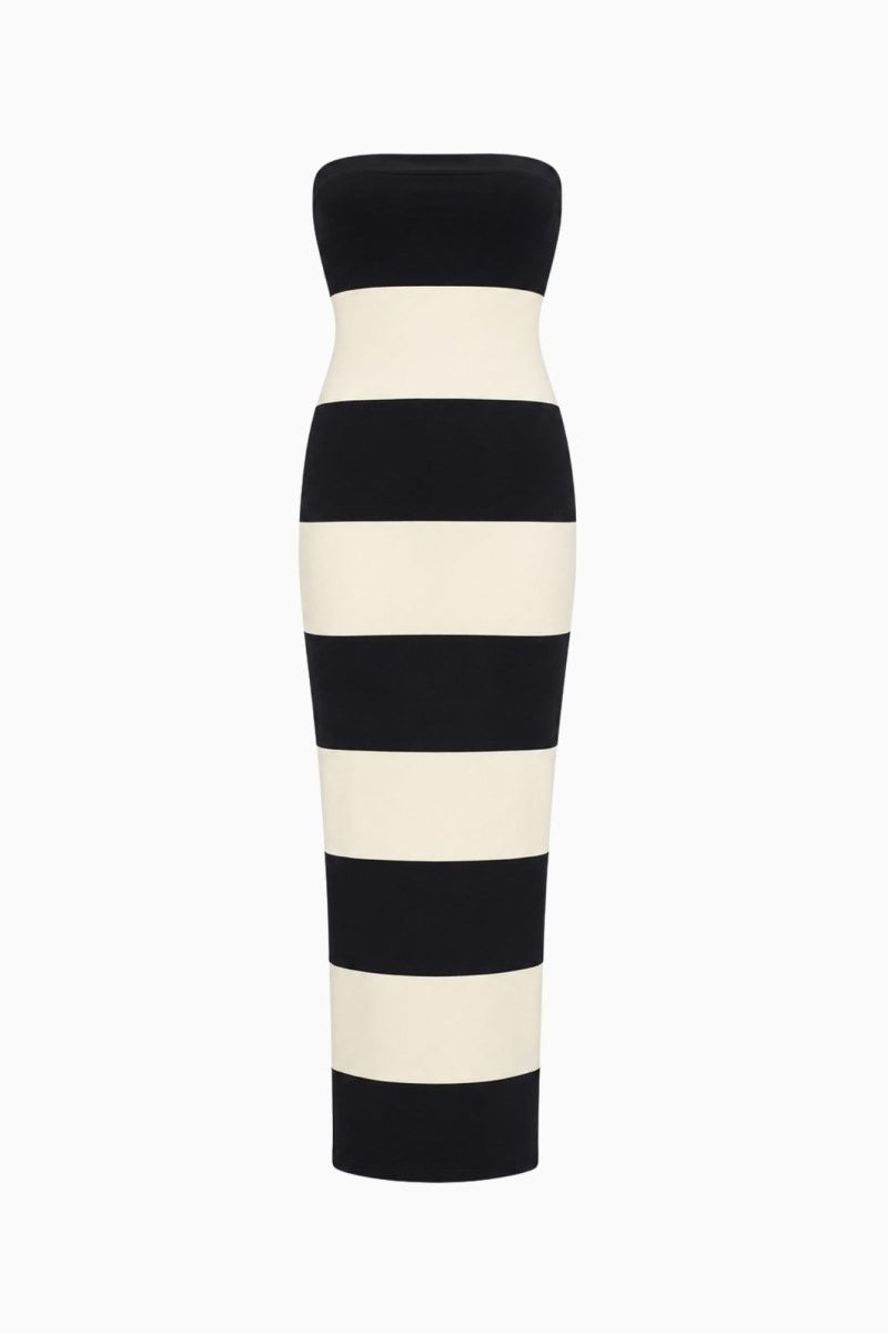 Ghost mannequin front studio view of the luxury black and white horizontal striped strapless maxi dress.