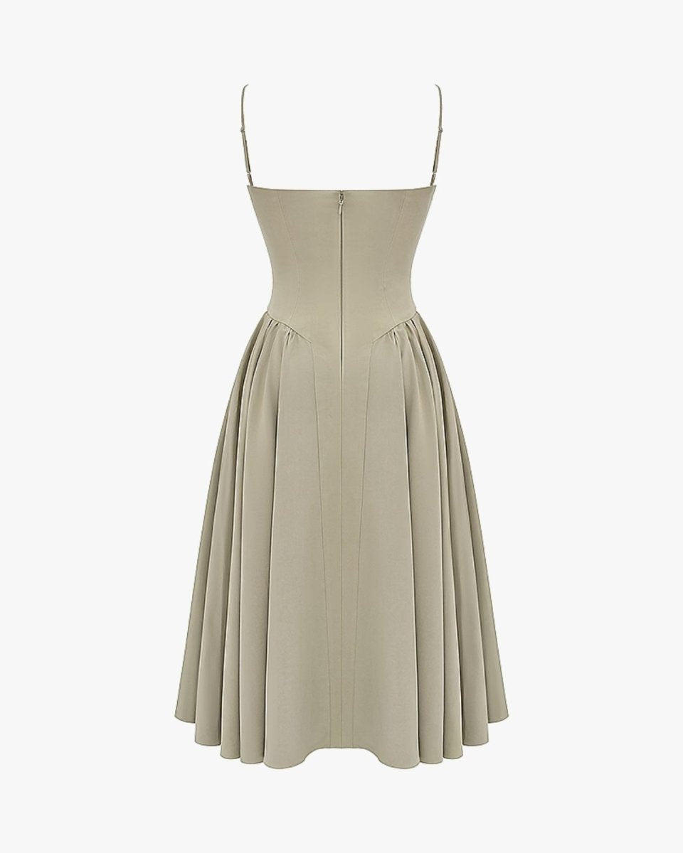 Flat lay of the back of the corset bustier midi dress, detailing the clean lines and zipper detail.