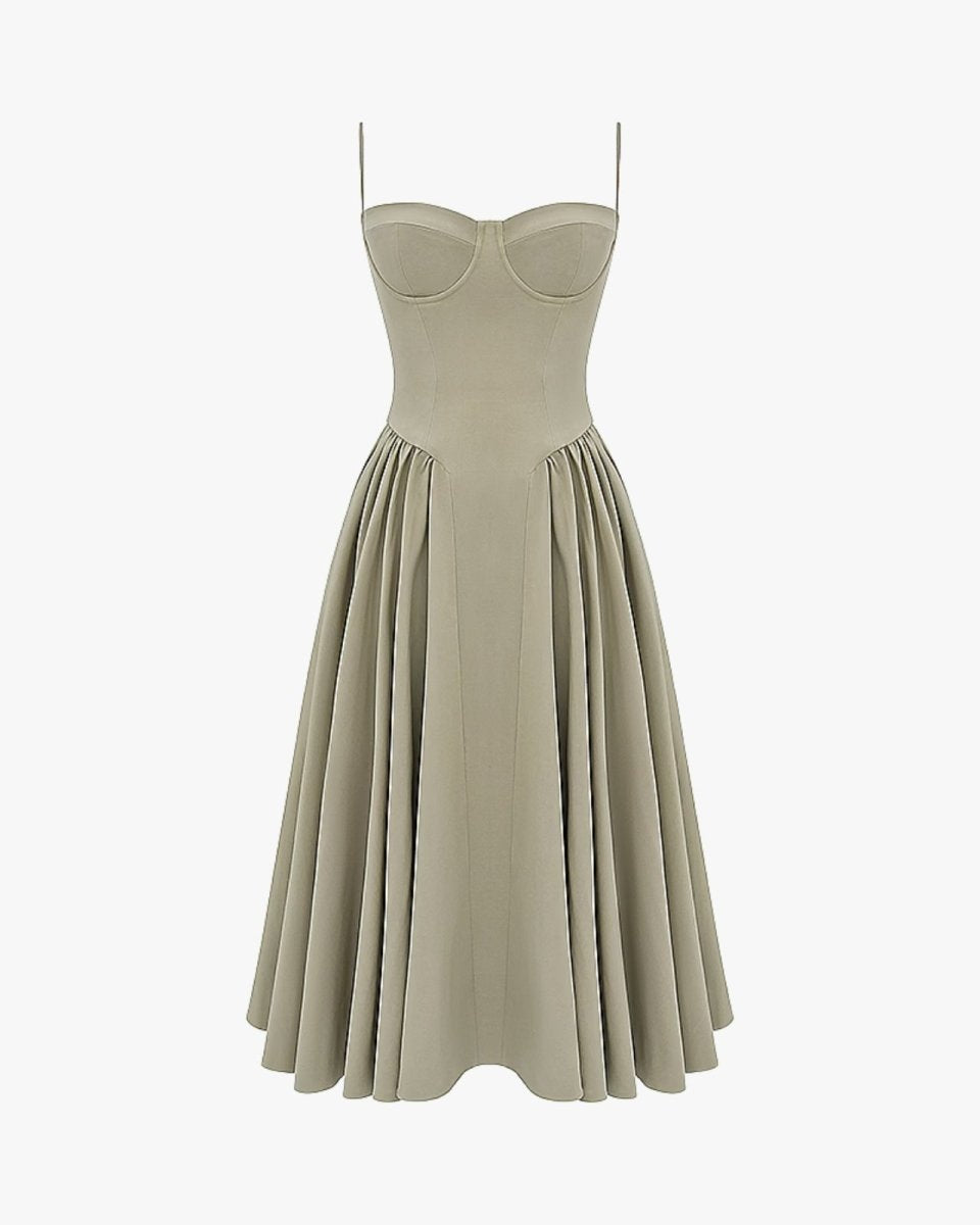 Flat lay of the front of the corset bustier midi dress in taupe, showing the detailed construction of the bodice and pleats.