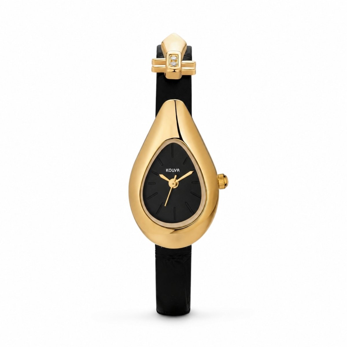 Front view of Kouvr women's gold watch featuring a black teardrop dial, gold hands, and crystal accented T-bar lug