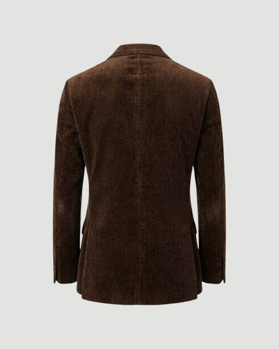 Back view of the brown corduroy men's sport coat on a grey background, displaying the tailored construction.