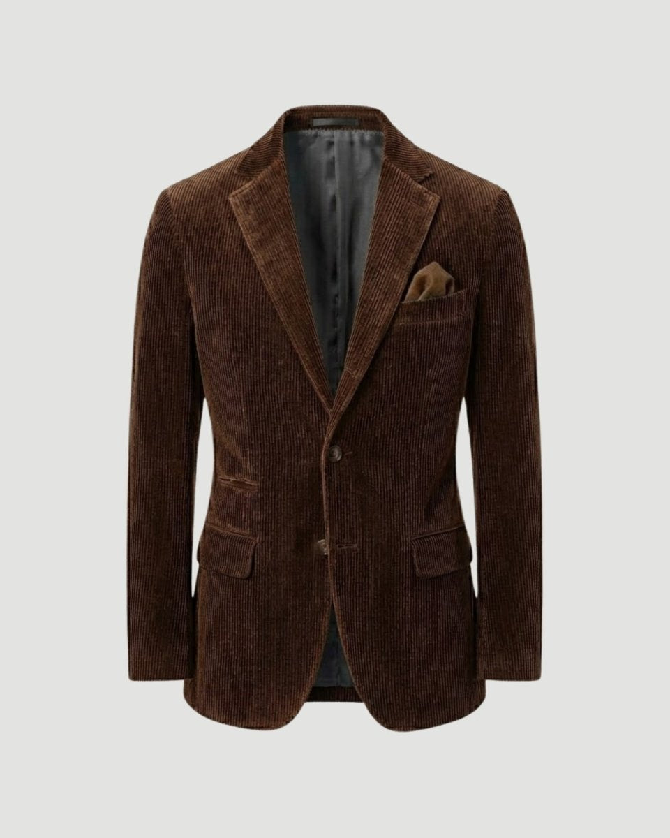 Product shot of The Grady two-button brown corduroy blazer with a pocket square, showcasing its texture and lapels.