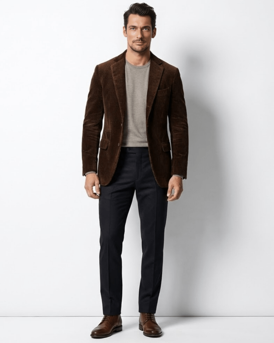 Model wearing The Grady men's slim fit brown corduroy blazer with a grey sweater and navy trousers.
