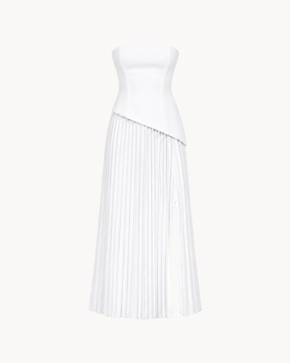 A white strapless midi dress with a structured corset-style bodice and a long, pleated asymmetrical skirt, shown against a plain off-white background.