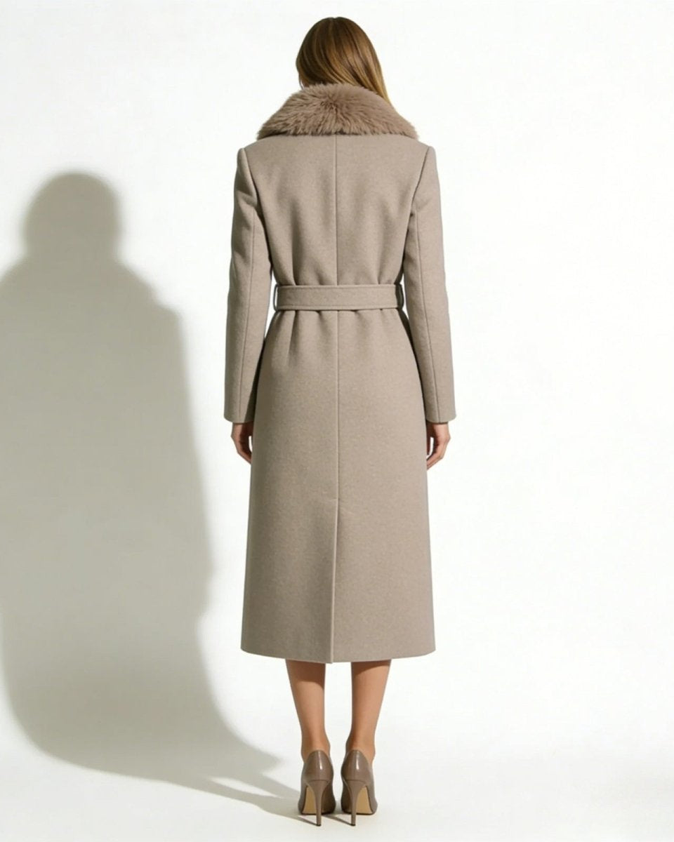 Back view of the Trishakhaki wool coat, detailing the center vent, belt, and shearling collar.