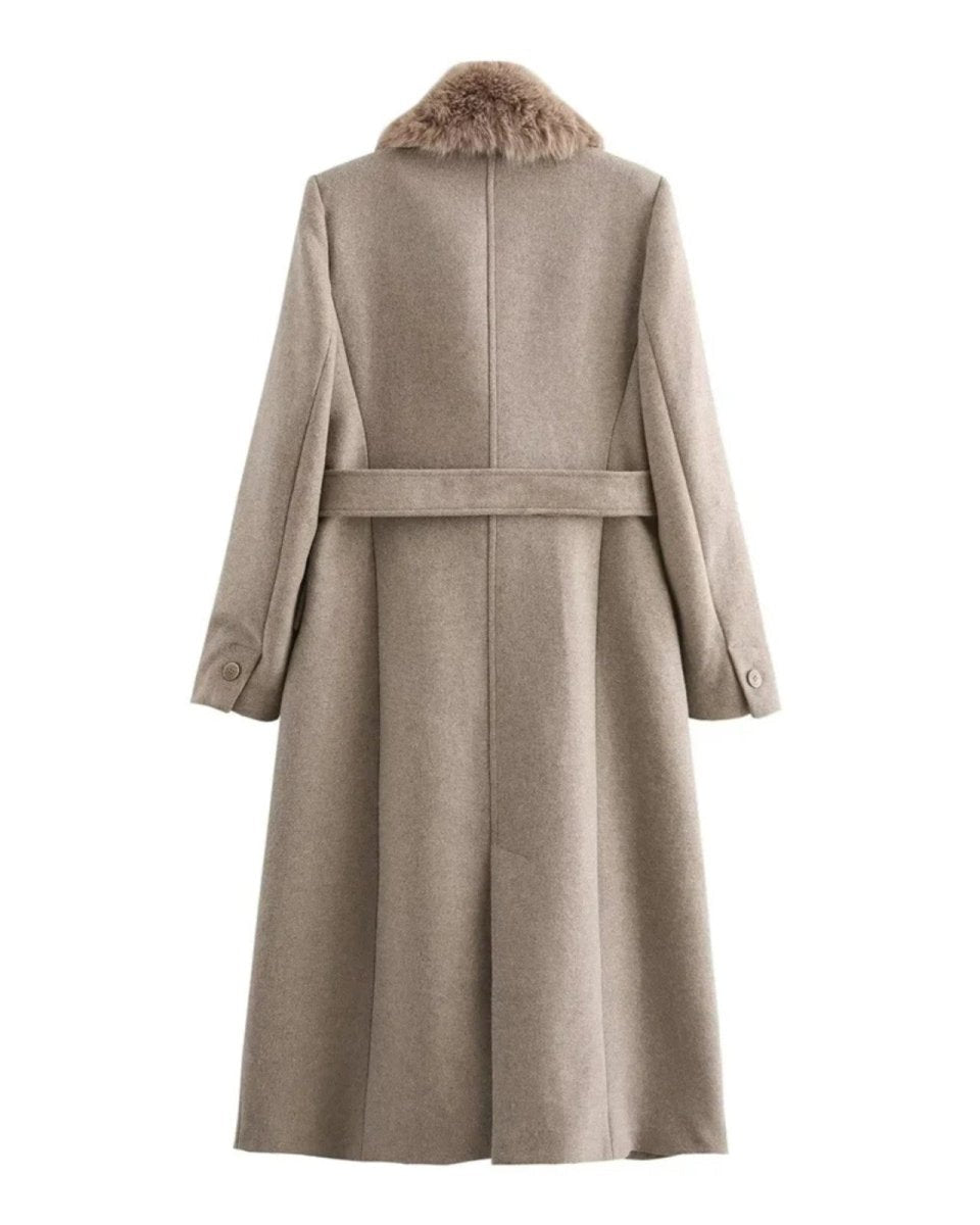 The Trisha long wool wrap coat with shearling collar in oatmeal khaki, laid flat to show its full design and quality.