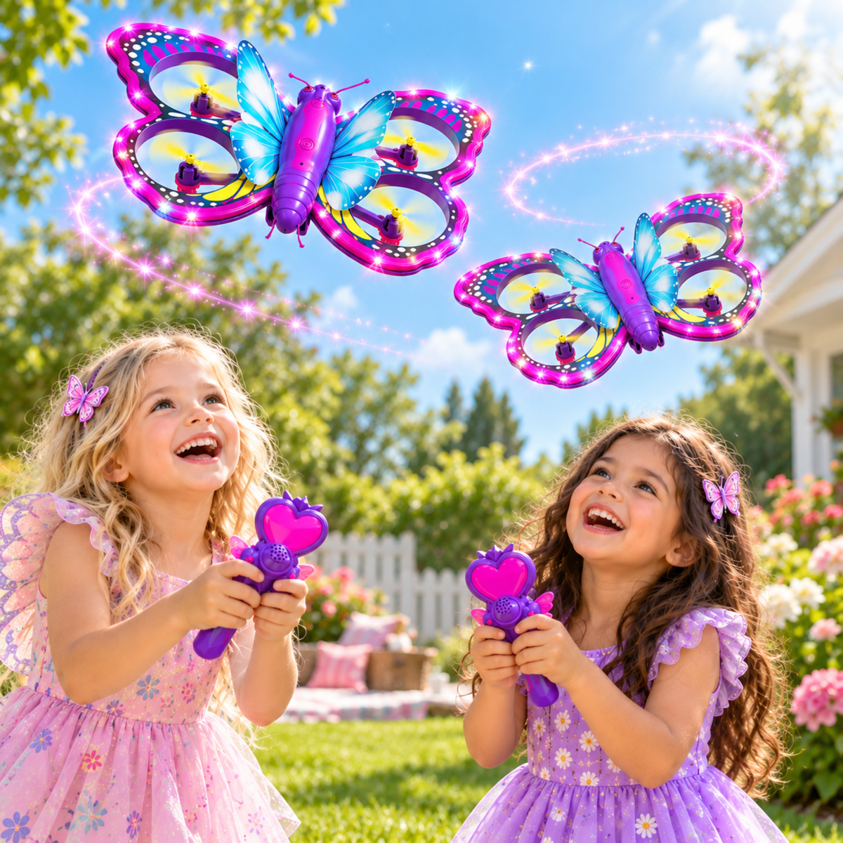 Two young girls smiling and laughing in a sunny backyard while holding purple wand-like toys, with two large colorful butterfly balloons floating above them. The scene is bright and playful, with green grass, trees, flowers, and a house in the background.