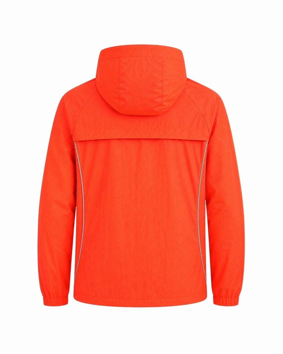 Flat lay back view of bright orange lightweight outerwear jacket detailing the back vent flap and technical fabric texture.