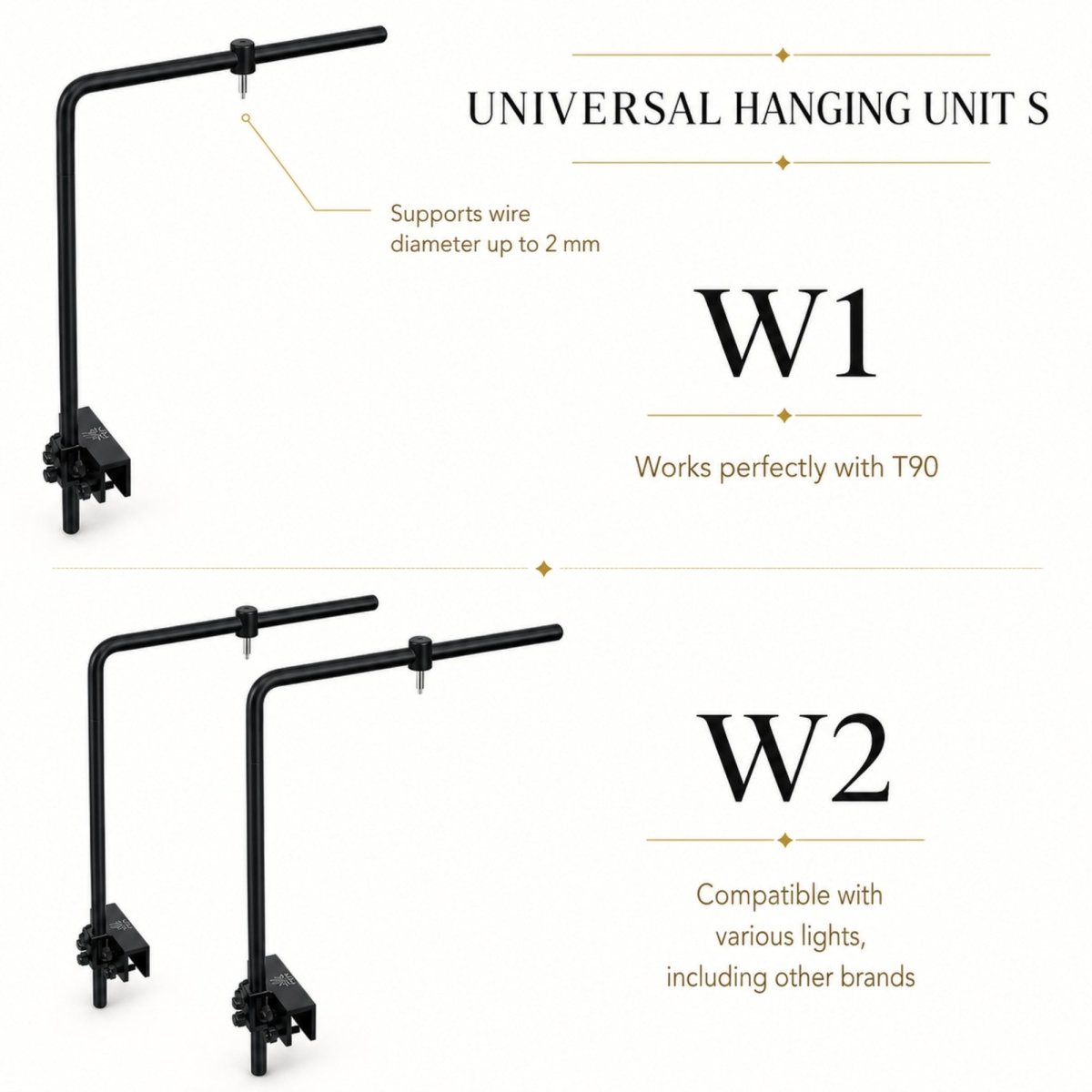 Universal wire hanging suspension kit adapting the Kouvr stand for various luxury aquascaping pendant lights.