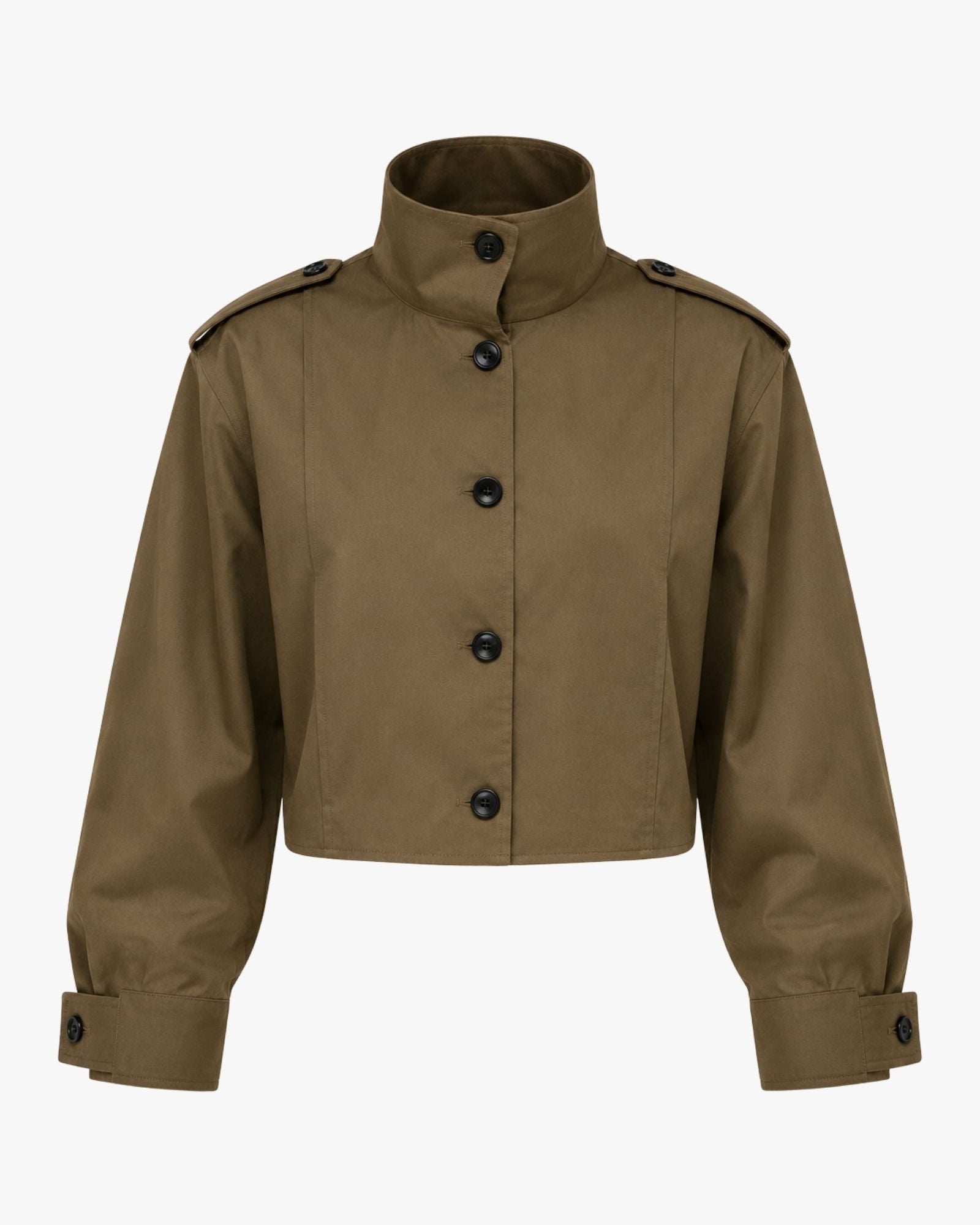 Studio shot front view of green women's cropped utility jacket highlighting the architectural high collar and contrasting hardware.