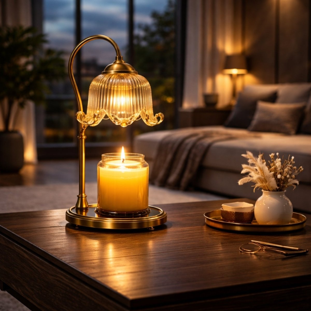 gold candle warmer lamp with fluted glass shade glowing warmly on a dark wood coffee table in a cozy luxury living room setting.
