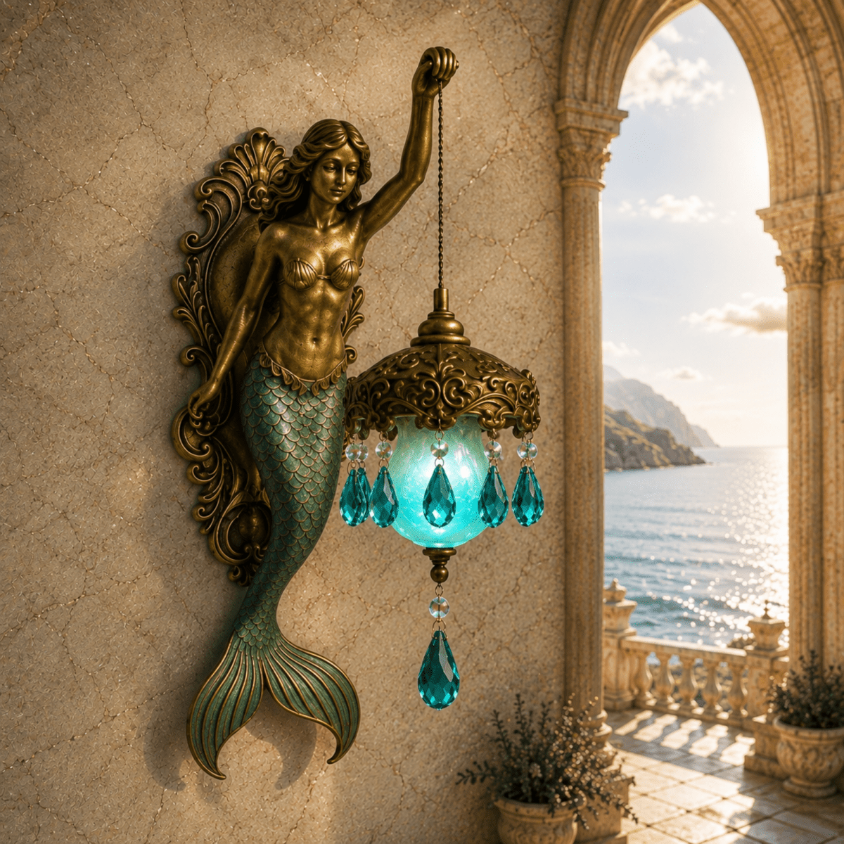 Vintage-style bronze mermaid wall lamp illuminating a coastal patio with a bright teal lantern and hanging blue crystals.