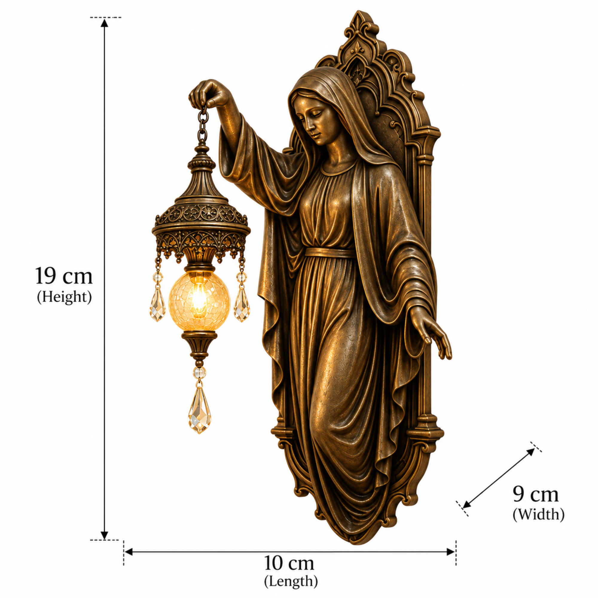 Product dimension guide for a bronze Virgin Mary wall sconce measuring 19 cm high, 10 cm long, and 9 cm wide.