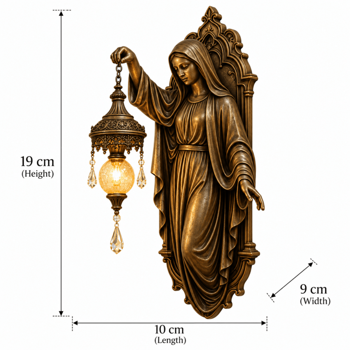 Product dimension guide for a bronze Virgin Mary wall sconce measuring 19 cm high, 10 cm long, and 9 cm wide.