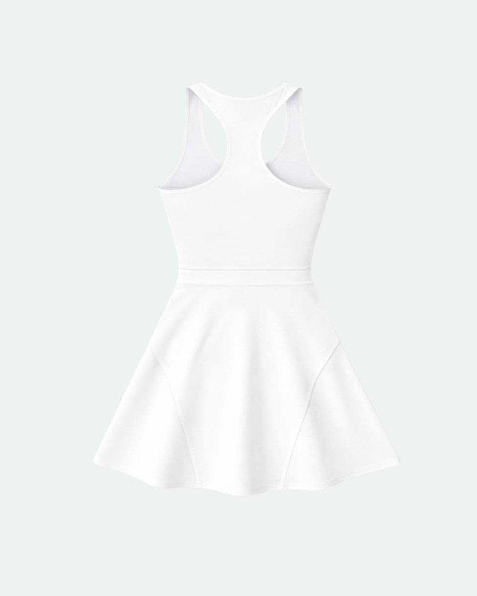 Back product view of a white athletic dress showing a sporty racerback cut and paneled mini skirt