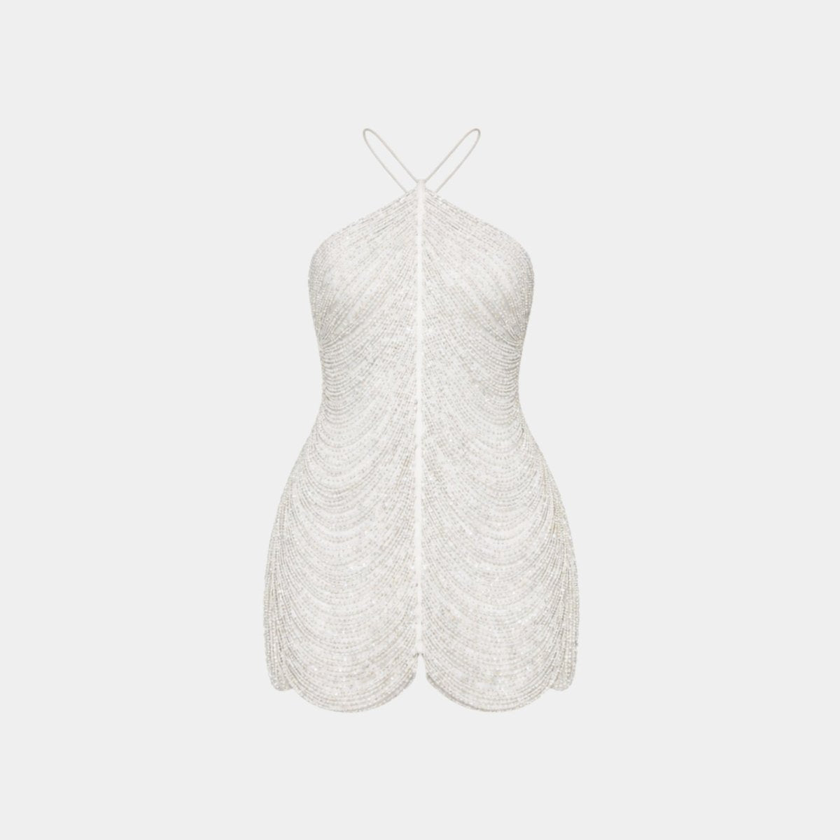 Flat product shot of the Carey white beaded halter mini dress, highlighting the intricate beading pattern from the front.